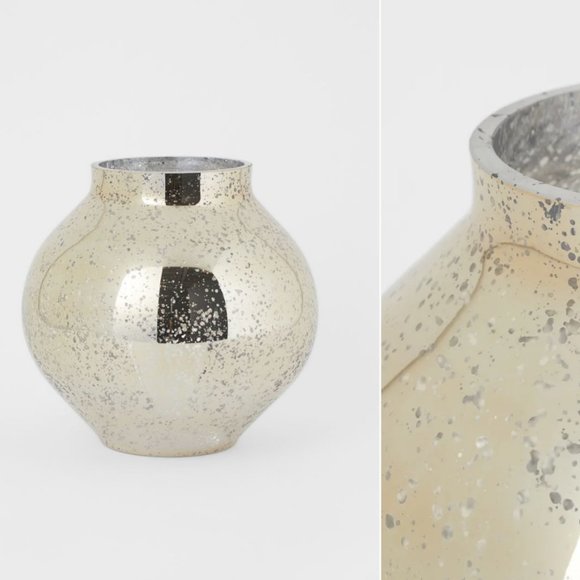 New West Elm Large Round Silver Speckled Mirror Glass Flower Vase Pot Boho Décor - Picture 1 of 7